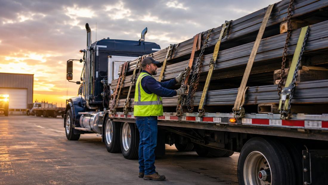 Secured flatbed load on a BENTOS truck